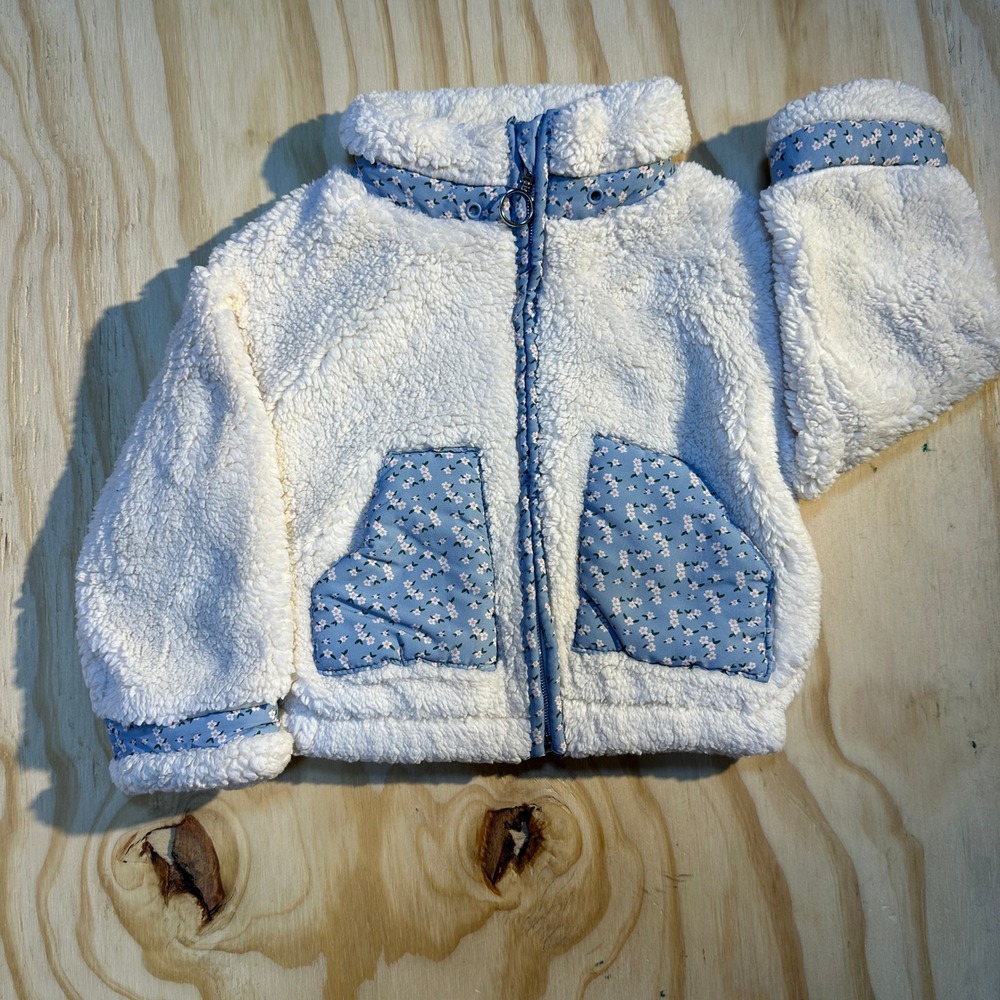 Jessica Simpson Girls 4T White Sherpa Fleece Floral Trim Zip Up Jacket